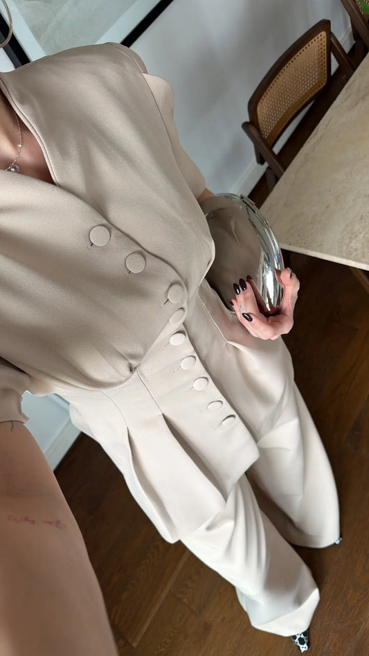 Beige Noir Waist Detail Balloon Sleeve Padded Buttoned Suit