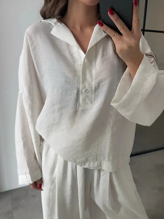 PREMIUM TENS FABRIC MINK POLO COLLAR SHIRT PALAZZO SUIT