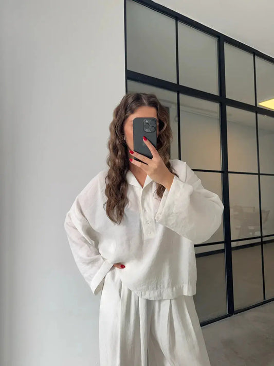 PREMIUM TENS FABRIC MINK POLO COLLAR SHIRT PALAZZO SUIT