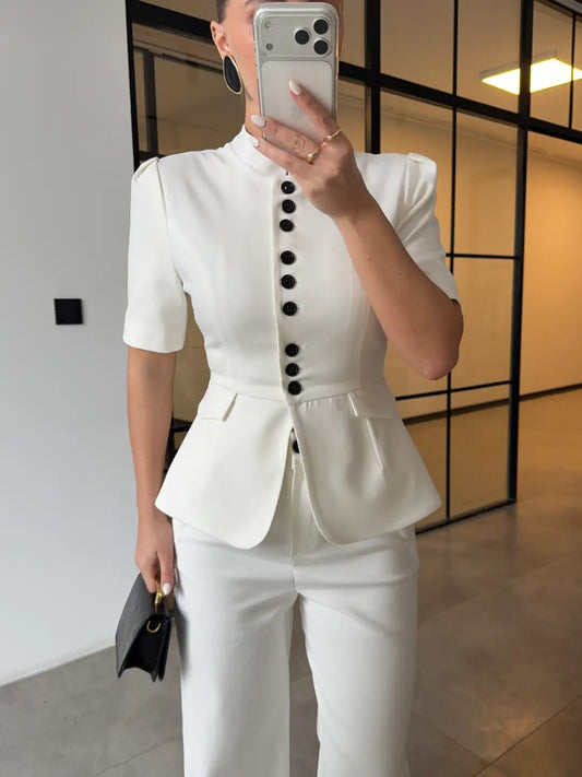 STAND COLLAR WAIST-FITTED SET