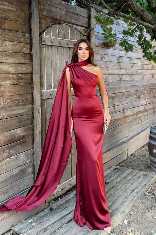 Burgundy One-Shoulder Shawl Detailed Asymmetrical Satin Evening Dress