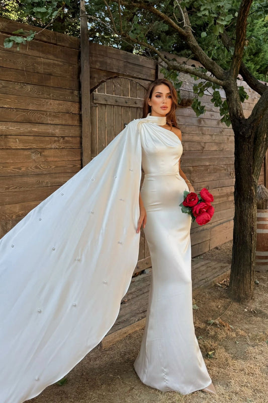 White One-Shoulder Shawl Detailed Asymmetrical Satin Evening Dress