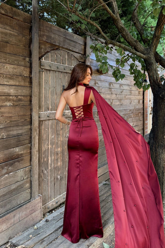 Burgundy One-Shoulder Shawl Detailed Asymmetrical Satin Evening Dress