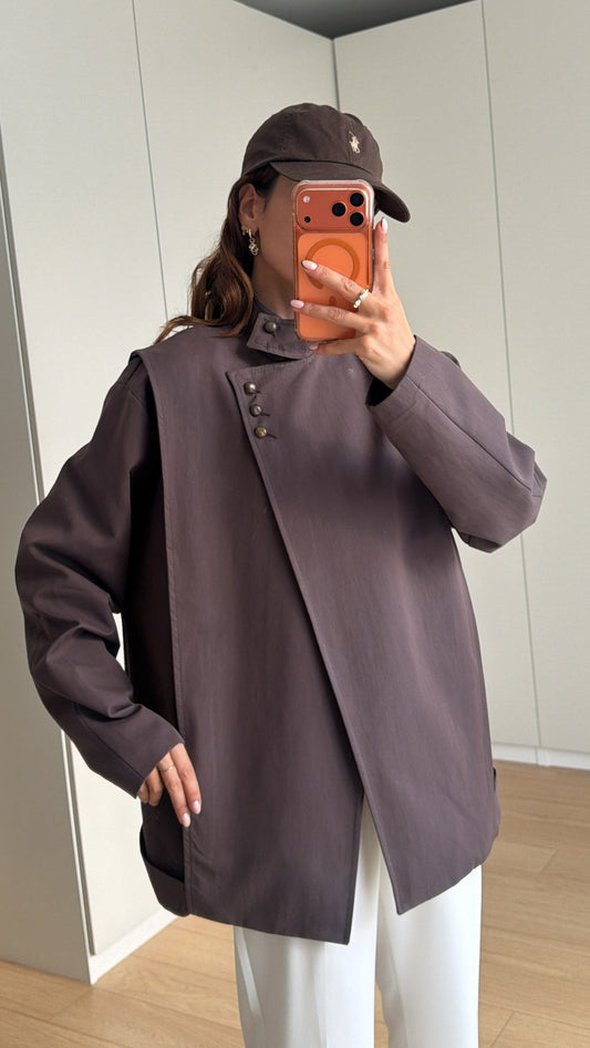 Coffee Asymmetric Buttoned Trench Coat