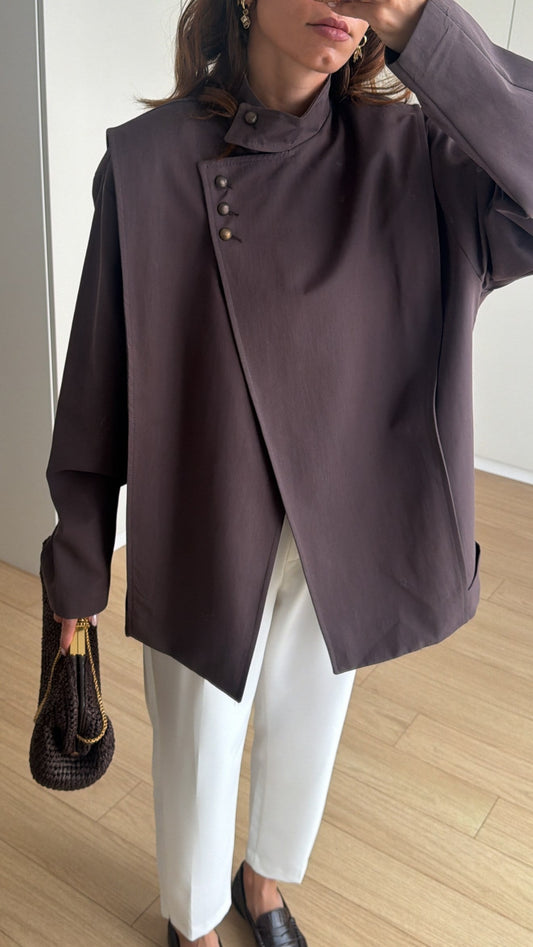 Coffee Asymmetric Buttoned Trench Coat