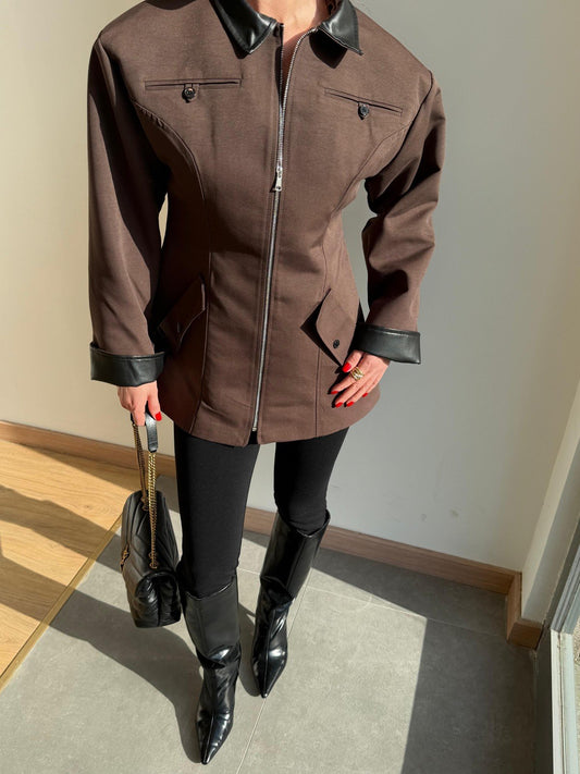 Coffee Brown Zip-Up with Leather Details Jacket