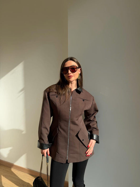 Coffee Brown Zip-Up with Leather Details Jacket