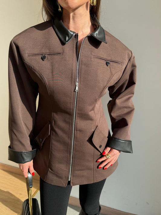 Coffee Brown Zip-Up with Leather Details Jacket