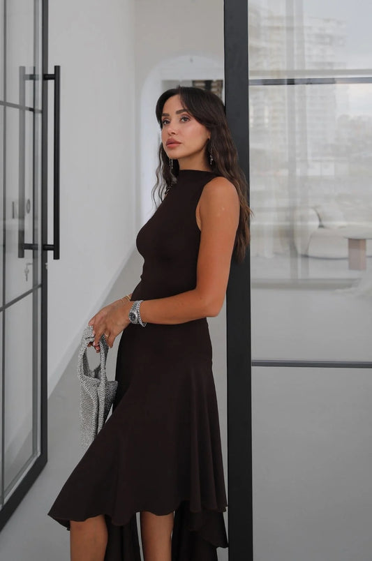 Brown with Ruffle Detail at the Bottom Dress