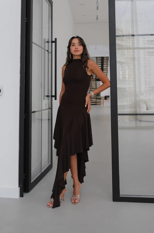 Brown with Ruffle Detail at the Bottom Dress