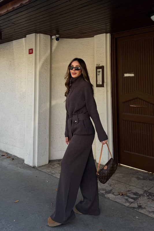 STAND-UP COLLAR BELTED KNITWEAR SET