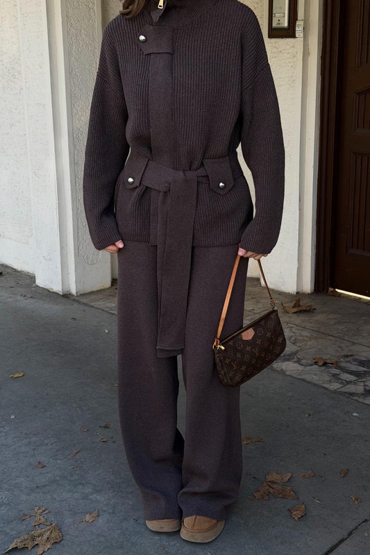 STAND-UP COLLAR BELTED KNITWEAR SET