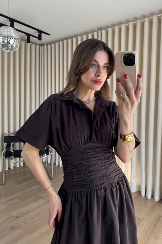 Brown Shirt Collar Draped Long Dress