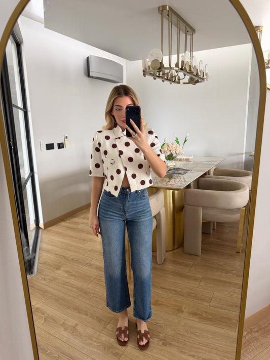 Brown Polka Dot Short-Sleeved Crop Jacket