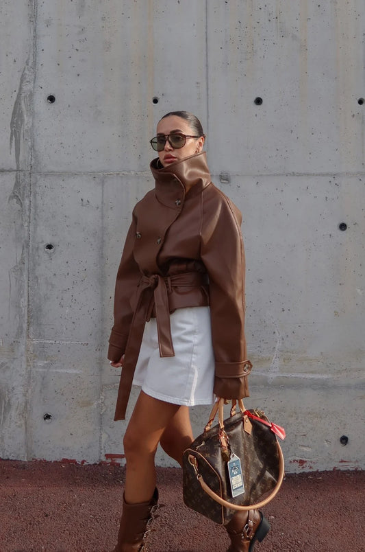 Ruta High-Neck Belted Leather Jacket
