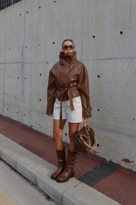 Ruta High-Neck Belted Leather Jacket
