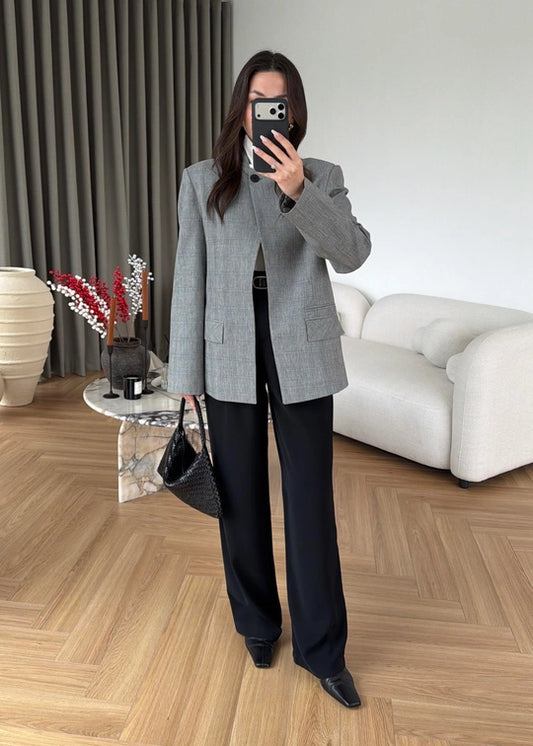 Light Grey Plaid Mandarin Collar Blazer