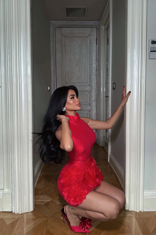 Red Freyya Mini with Rose Detail at Hem Dress