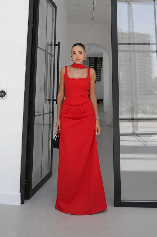 Red Piran Long with Back Buckle and Scarf Dress