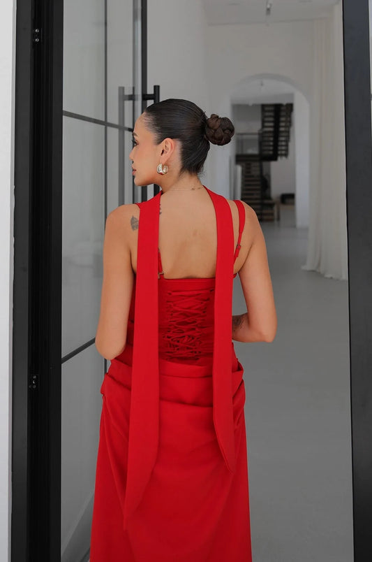 Red Piran Long with Back Buckle and Scarf Dress