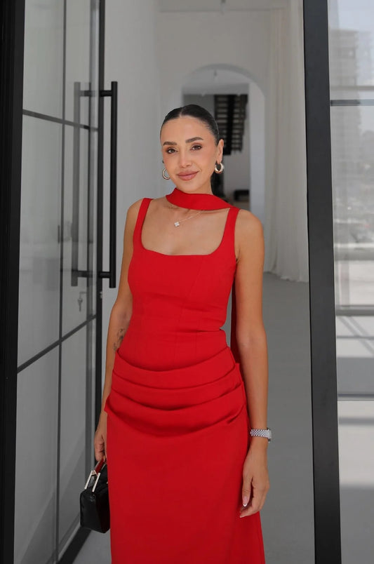 Red Piran Long with Back Buckle and Scarf Dress