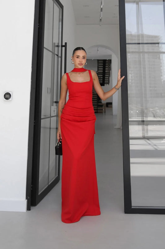 Red Piran Long with Back Buckle and Scarf Dress