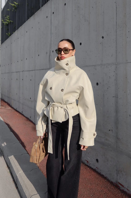 Ruta High-Neck Belted Leather Jacket