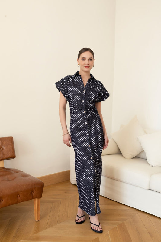 Navy Blue Polka Dot Polo Collar Denim with Belted Waist Dress