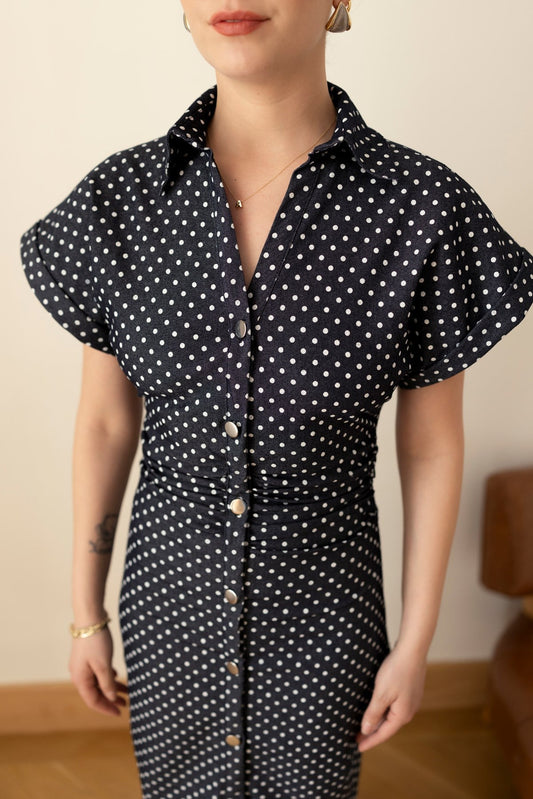 Navy Blue Polka Dot Polo Collar Denim with Belted Waist Dress