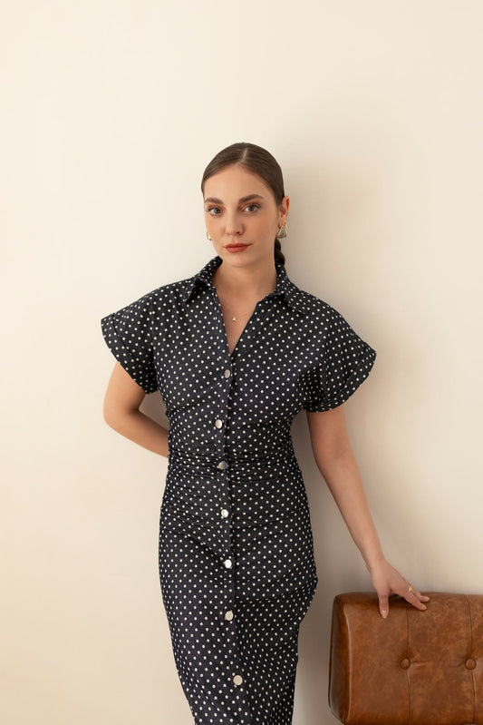 Navy Blue Polka Dot Polo Collar Denim with Belted Waist Dress