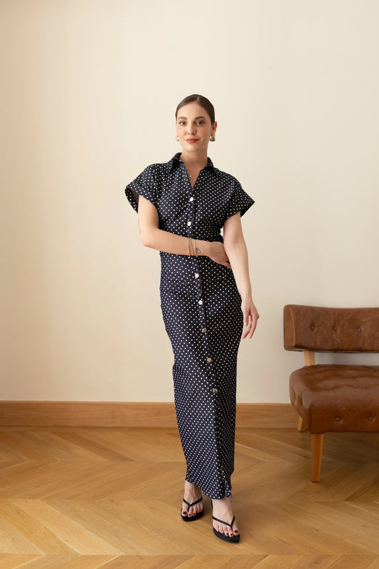 Navy Blue Polka Dot Polo Collar Denim with Belted Waist Dress