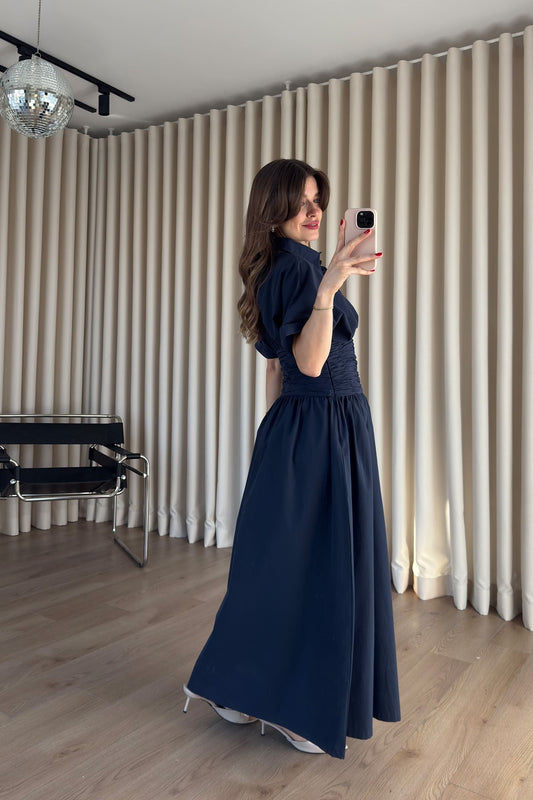 Navy Blue Shirt Collar Draped Long Dress