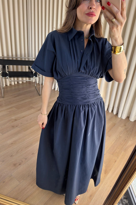 Navy Blue Shirt Collar Draped Long Dress