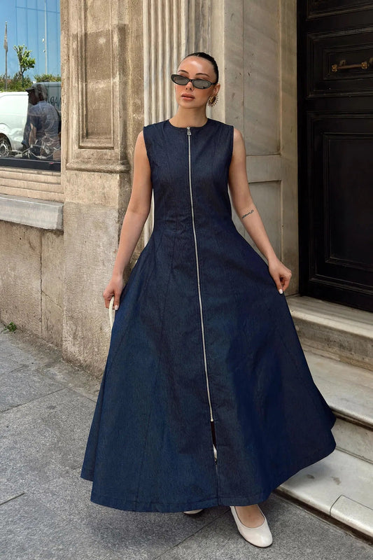 Navy Blue Full Zipper Zero Sleeve Women's Denim Midi Dress