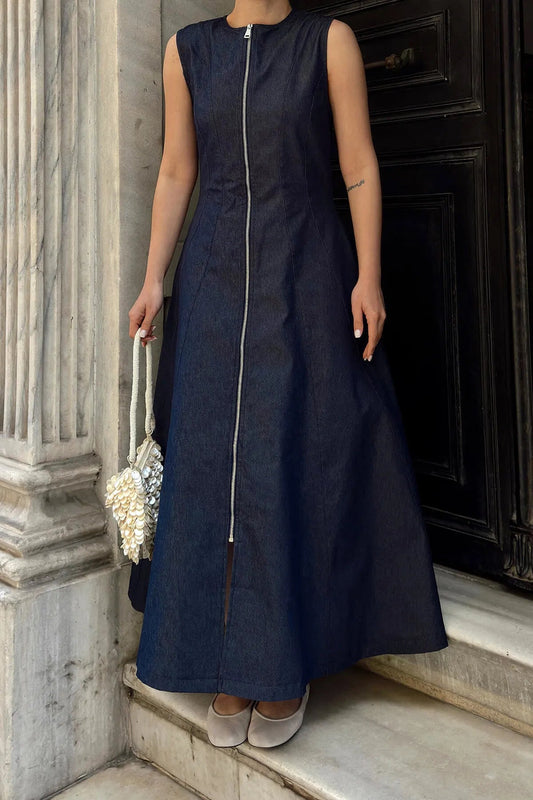 Navy Blue Full Zipper Zero Sleeve Women's Denim Midi Dress