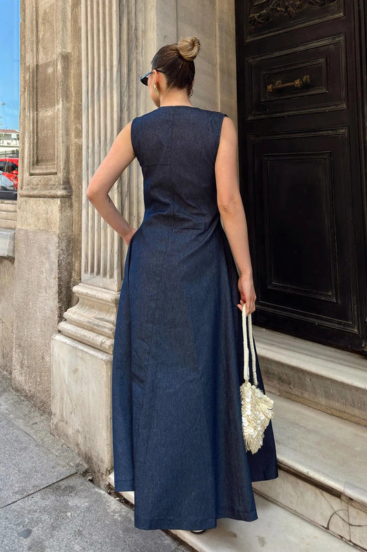 Navy Blue Full Zipper Zero Sleeve Women's Denim Midi Dress