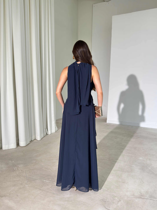 Navy blue Lauren Maxi with Shawl and Pleat Detail Dress