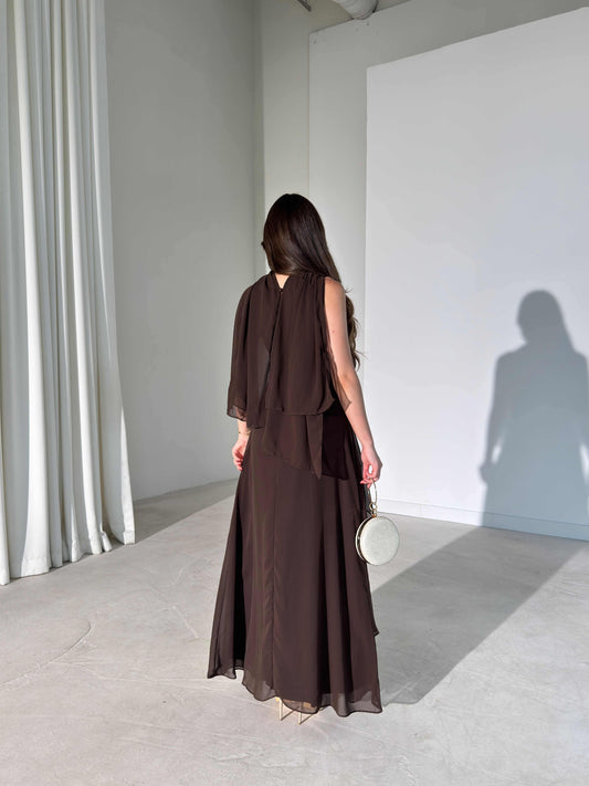 Brown Lauren Maxi with Shawl and Pleat Detail Dress