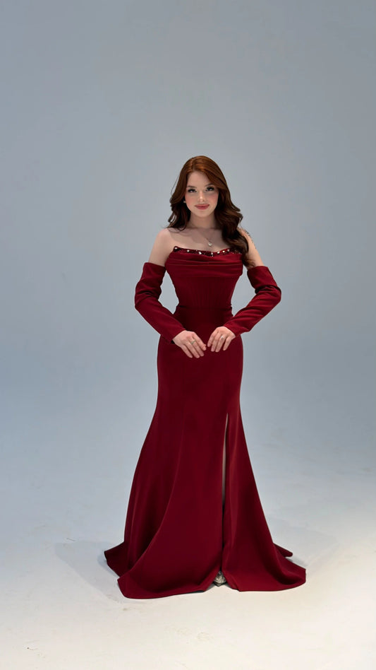 Lina's Embellished Evening in Bordo Dress