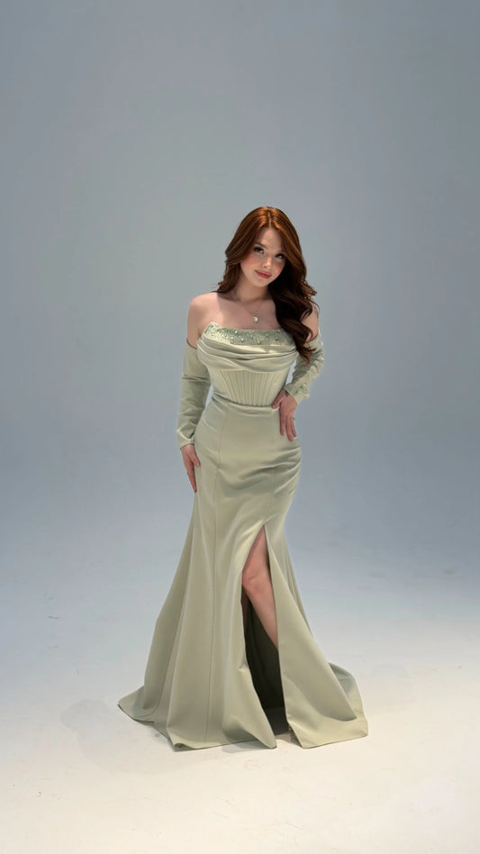 Lina's Embellished Evening in Pistachio Green Dress