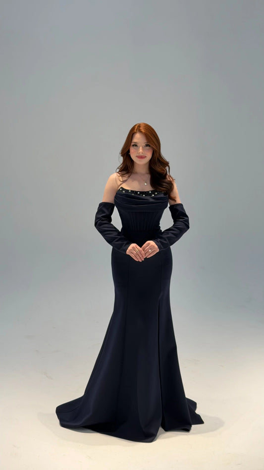 Lina's Embellished Evening in Navy Blue Dress