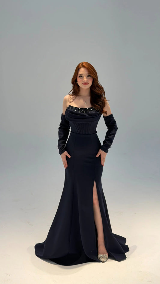 Lina's Embellished Evening in Navy Blue Dress