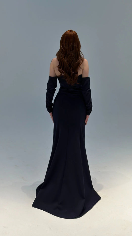 Lina's Embellished Evening in Navy Blue Dress