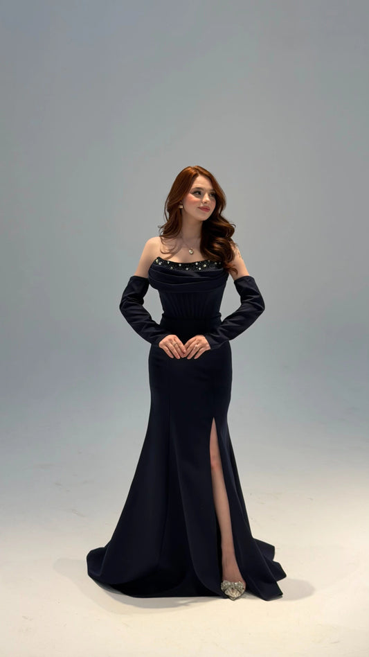 Lina's Embellished Evening in Navy Blue Dress