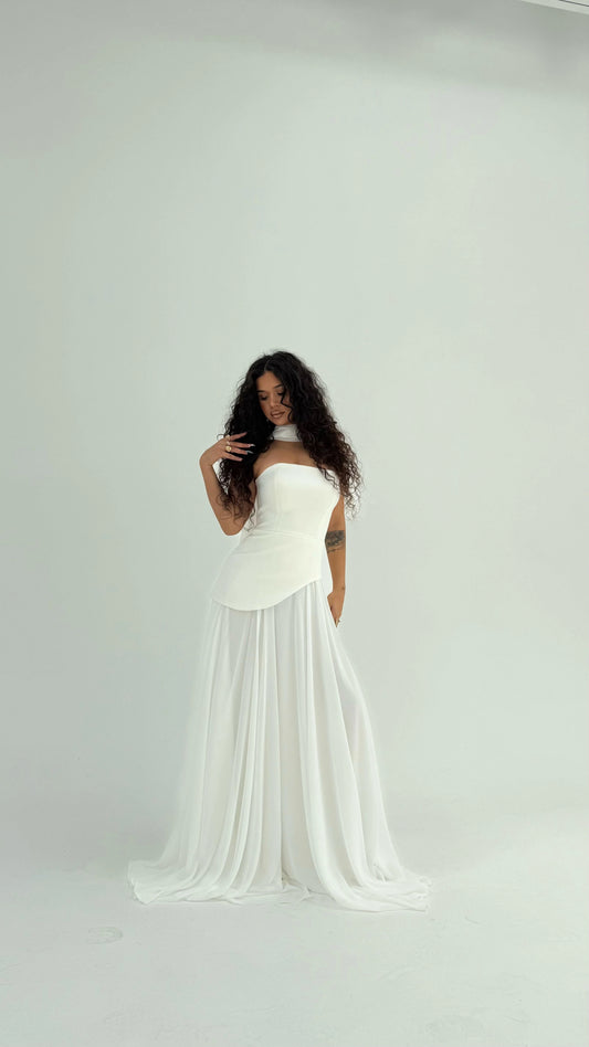 Luna Chiffon Evening with Scarf White Dress