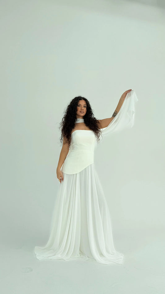 Luna Chiffon Evening with Scarf White Dress