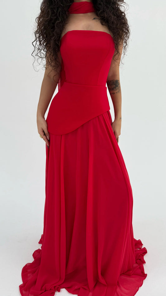 Luna Chiffon Evening with Scarf Red Dress