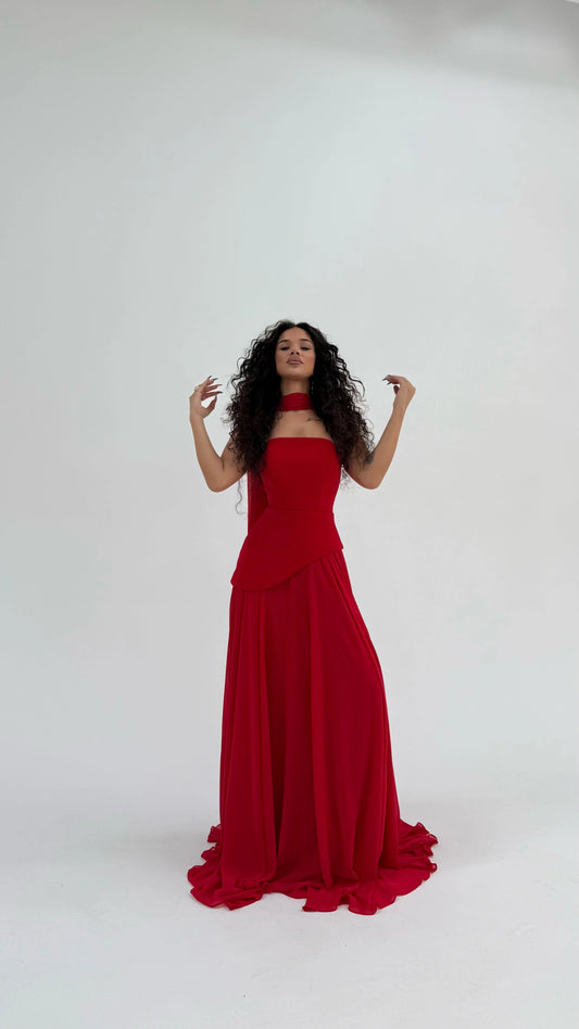 Luna Chiffon Evening with Scarf Red Dress