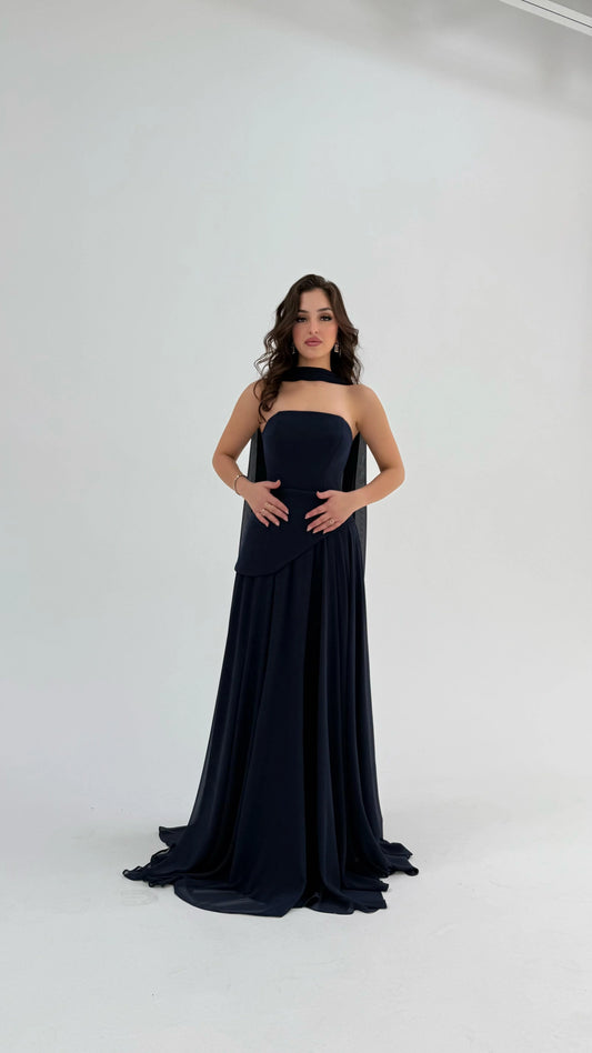 Luna Chiffon Evening with Scarf Navy Blue Dress