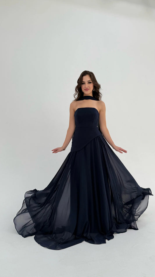 Luna Chiffon Evening with Scarf Navy Blue Dress